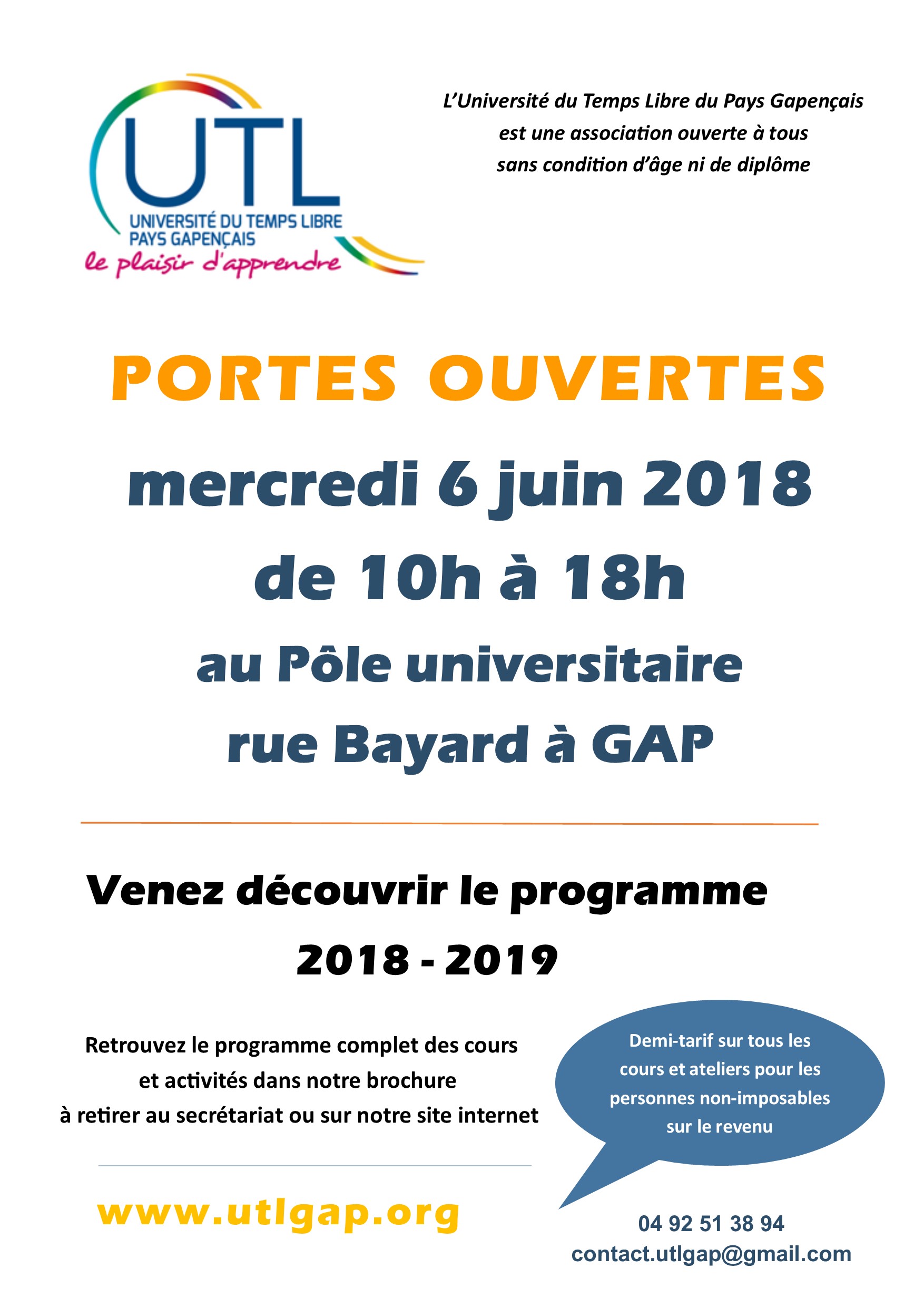 Portes ouvertes de l'Université du Temps Libre de Gap le 6 juin 2018 de 10h à 18h