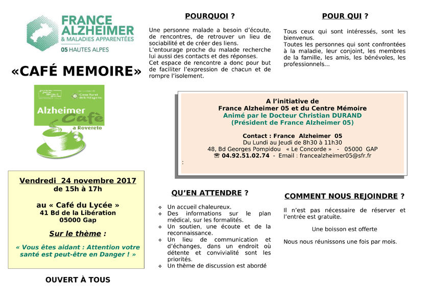 Café mémoire du 24 11 2017 de 15h à 17h au Café du Lycée à Gap